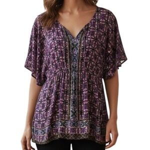 ANTHROPOLOGIE FEI Penthesilea Purple Floral V Neck Kimono Sleeve Blouse XS